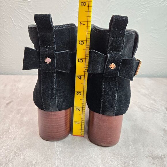 Kate Spade Moto Ankle Boots 8 Black Suede Low Block Heel Dressy Chic Bow Booties - Picture 4 of 13